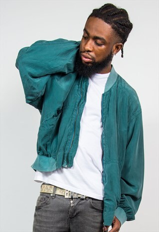 90S VINTAGE GREEN SILK BOMBER JACKET