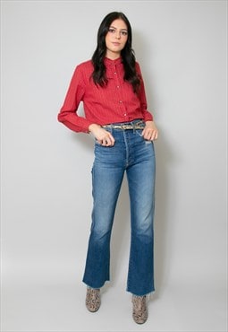 70's Vintage Blouse Ladies Red Pie Crust Collar Long Sleeve