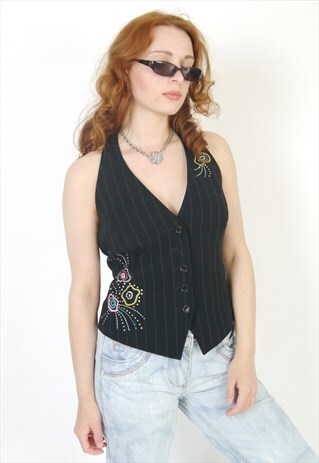 VINTAGE 90S Y2K BLACK PINSTRIPE SEQUIN WAISTCOAT TOP