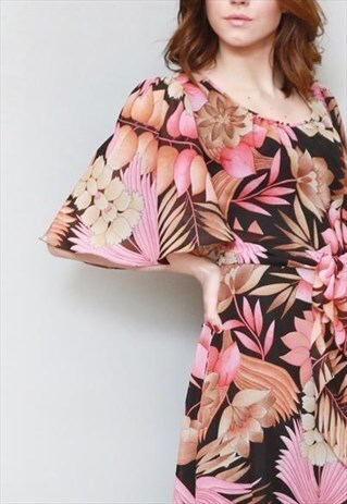 VINTAGE 1970'S PREMIUM PINK & BROWN FLORAL MAXI DRESS