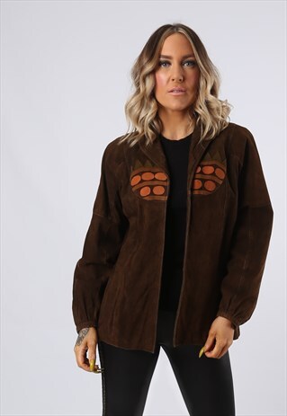 SUEDE LEATHER JACKET VINTAGE PATTERNED 70'S UK 12 (BFY)