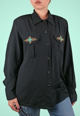 Vintage 80's Retro Blouse Black Embroidery Padded Shoulders