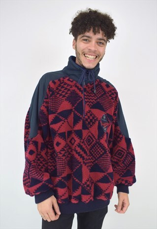 VINTAGE 90'S JERRY & CO. RED & NAVY FLEECE 1/4 ZIP JACKET
