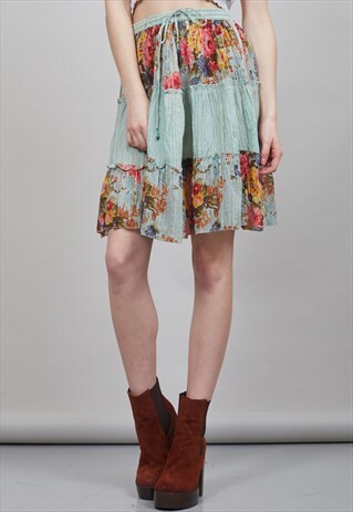 MINT GREEN 1970'S FLORAL INDIAN VINTAGE SKIRT