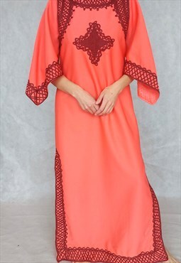 70s Peach Dress, Maxi Pink Gown, Retro Summer Dress, Medium