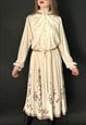 70'S VINTAGE LADIES CREAM LONG SLEEVE RUFFLE MIDI DRESS 