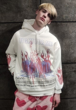 FLAME PRINT HOODIE AMERICAN LIBERTY PULLOVER IN WHITE