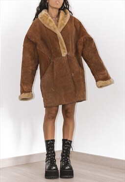 Vintage 90s Oversize Sheepskin Leather Coat