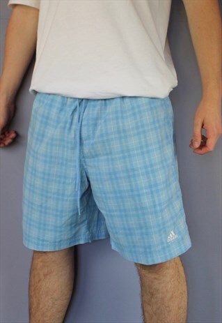 VINTAGE ADIDAS SHORTS IN BLUE PLAID WITH POCKETS, EMBROIDERE