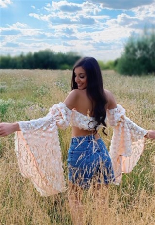 MIA CREAM 3D FLORAL ANGEL SLEEVE BARDOT TOP