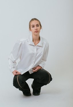 Vintage Boxy Fit Puffy Sleeve Viscose Blouse in Shiny White