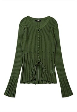 Transparent sweater flare sleeves sheer knitted jumper green