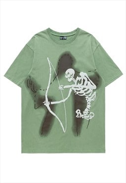 Skeleton print t-shirt bow arrow tee graffiti top in green
