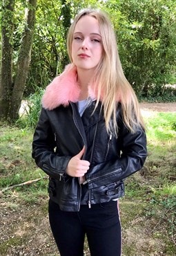 Black Faux Leather (Removable - Pink Collar) Biker Jacket