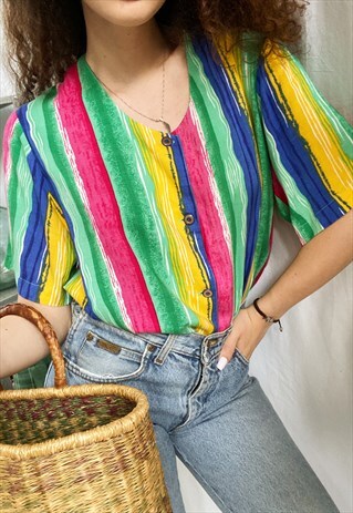 VINTAGE 80S STRIPED PRINT RAINBOW BOHEME BLOUSE TOP TUNIC