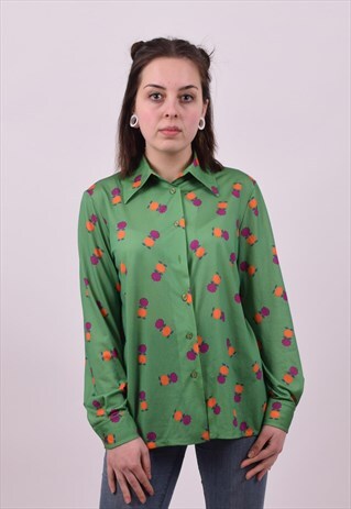 VINTAGE 70'S GREEN DAGGER COLLAR FLOWER PRINT SHIRT SMALL