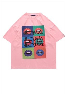 Lips print t-shirt retro mouth hot tee teeth top in pink