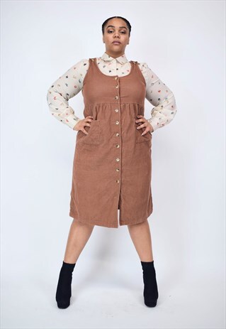 VINTAGE 90'S TAN CORDUROY LONG BUTTON UP DRESS WITH POCKETS