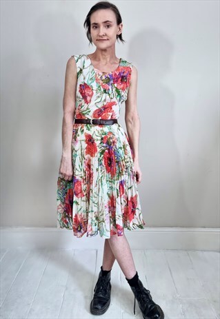 VINTAGE 80'S RED FLORAL PRINT PLEATED DRESS