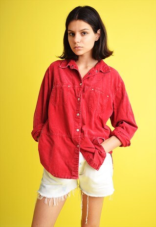 80'S RETRO MINIMALIST CORDUROY OVERSIZED RED SHIRT TOP