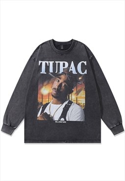 Rapper t-shirt vintage wash hip-hop top long street tee grey