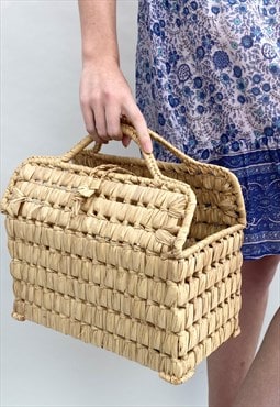 70's Vintage Ladies Bag Wicker Box Beige Handbag