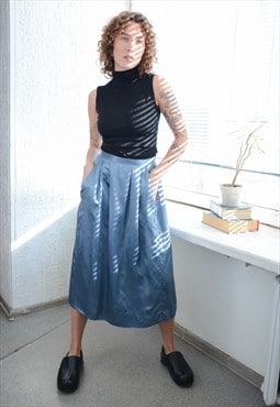 Vintage Blue Satin Midi Skirt
