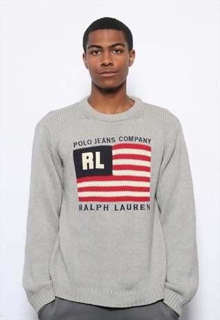 VINTAGE POLO JEANS BIG LOGO KNIT JUMPER GREY