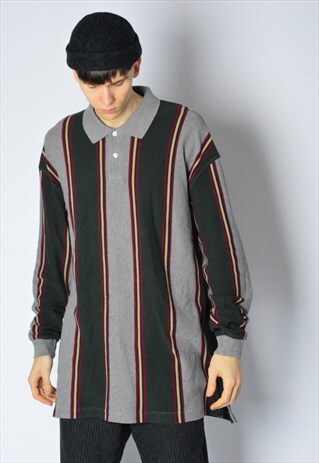 VINTAGE 90S GREY GREEN STRIPED LONG SLEEVE SHIRT