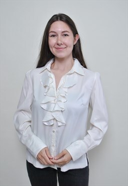 Vintage white blouse, 80's ruffled blouse - LARGE