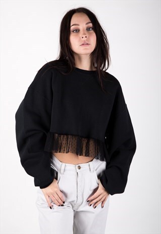 VINTAGE REWORKED CROPPED SWEATER WITH PEPLUM MESH