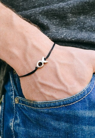 FISH BRACELET FOR MEN, SILVER FISH AND BLACK CORD, GIFT