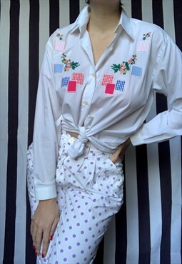 Vintage 80s white shirt with floral embroidery, Uk14/16