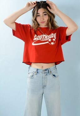 Vintage 90s Cropped T-Shirt Red Soccer Print