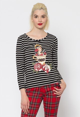 BLACK AND WHITE STRIPED QUEEN OF HEARTS TEA CUP TEE