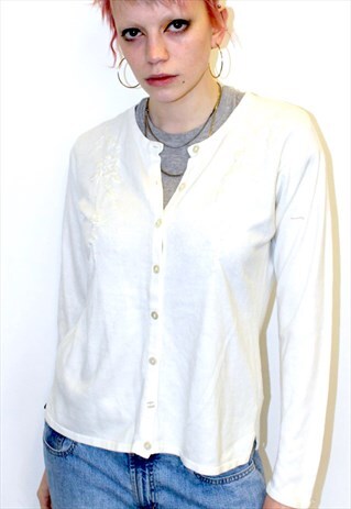 80'S VINTAGE WHITE CREAM EMBROIDERED FLORAL GRANNY CARDIGAN