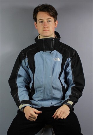 VINTAGE TNF WATERPROOF COAT IN BLUE AND BLACK WITH ZIP POCKE