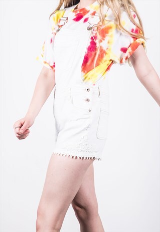 VINTAGE WHITE SHORT DENIM DUNGAREES