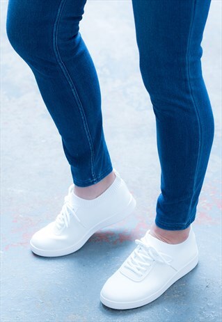 LACE UP FLAT TRAINERS SHOES IN WHITE KNIT - LECCE