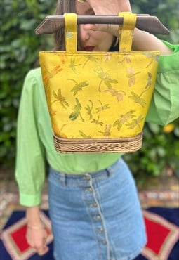 1970's vintage yellow satin firefly woven purse with wood