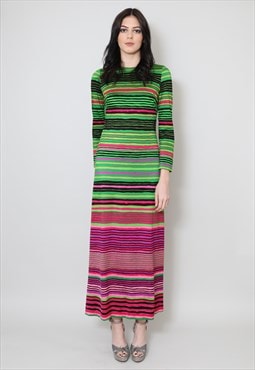 70's Vintage Ladies Dress Skinny Fit Long Sleeve Stripe Maxi