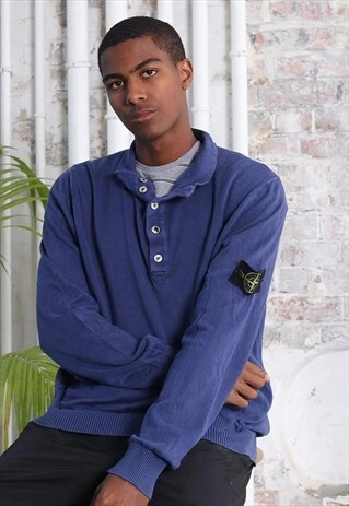 VINTAGE STONE ISLAND LOGO BUTTON UP SWEATSHIRT BLUE