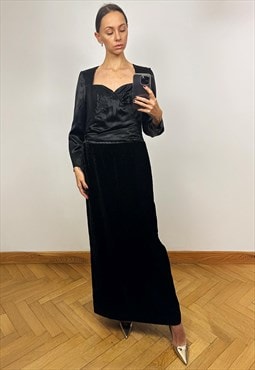 Vintage Black Velvet Long Dress,Black Satin Evening Dress