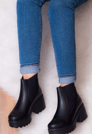 BGSPY PLATFORM BLOCK HEEL ANKLE BOOTS SHOES - BLACK LEATHER