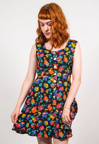VINTAGE 90'S COLOURFUL FLORAL PATTERN SLEEVELESS DRESS