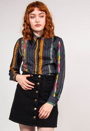 VINTAGE 70'S STRIPED COLOURFUL PATTERN SILK SHIRT BLOUSE
