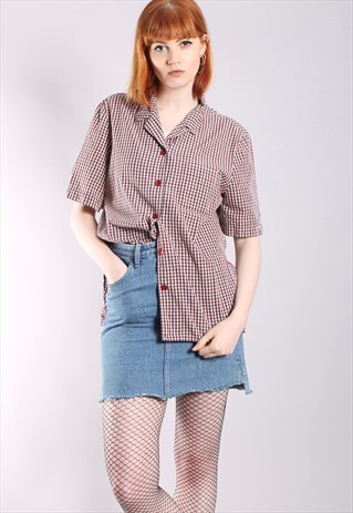 VINTAGE 90S RED CHECK LONG SIDE SLIT SHIRT TOP
