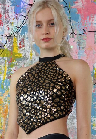 SEQUIN BACKLESS TOP IN MERMAID BLACK AND GOLD