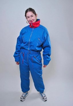 Women full ski suit, vintage blue one piece snow suit