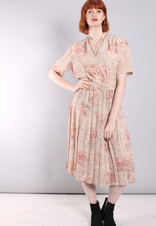 VINTAGE 80S PATTERNED NUDE BELTED PLEATED MIDI DRESS